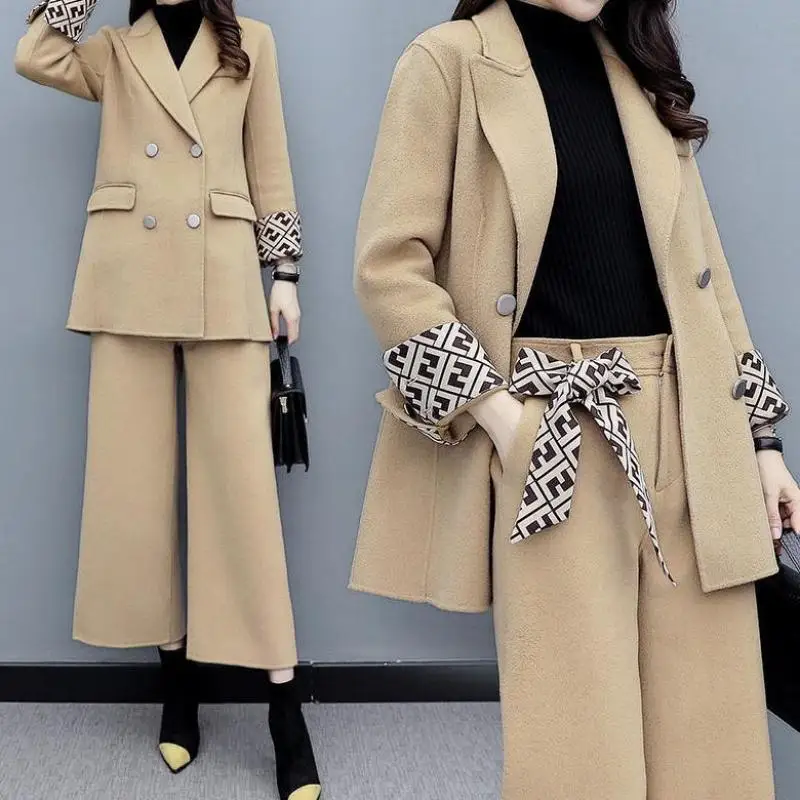 

2020 Women's Clothing Autumn and Winter Two-Piece Suit Pants Patchwork Wool Coat Wide-Legged Pants Casual Fashion Set Female