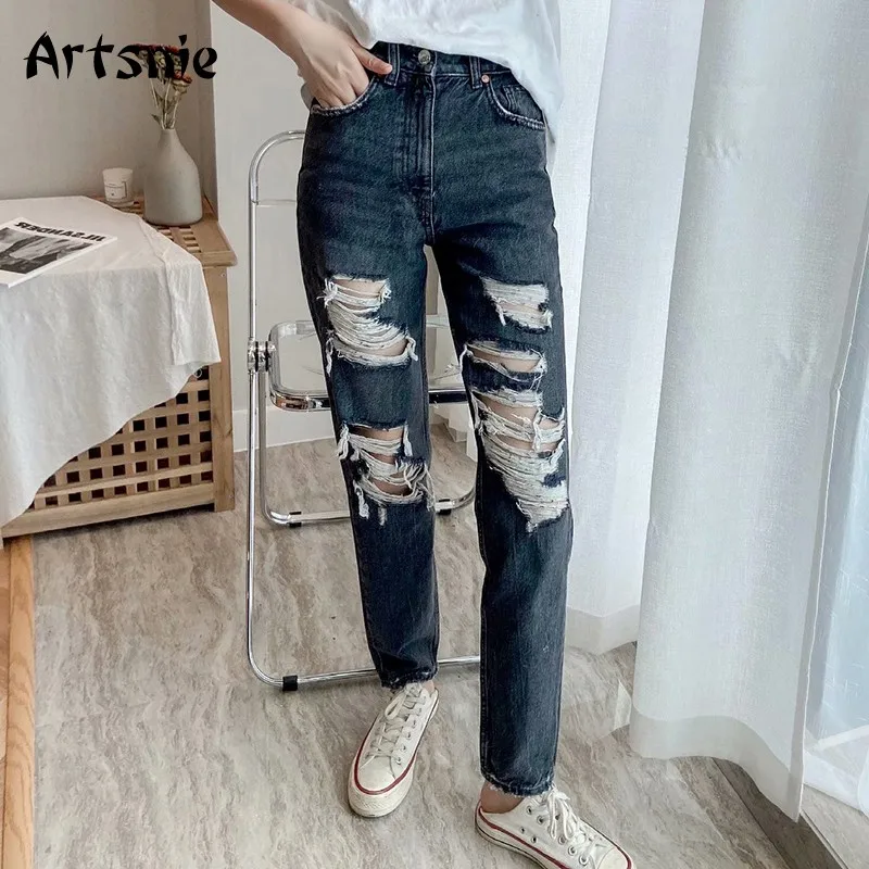 

Artsnie black vintage hole jeans women winter 2020 high waist double pockets long harem pants boyfriend sweet zipper jeans pants
