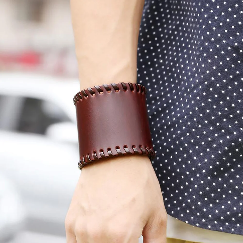 Фото Творческий ручная вязка широкий кожаный браслет Для мужчин snap натуральный