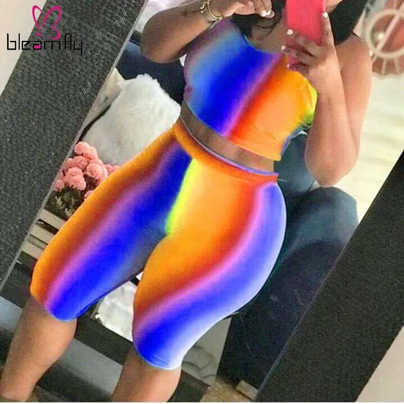 Летние женский комплект 2 шт. шорты для фитнеса байкерские с принтом Tie Dye