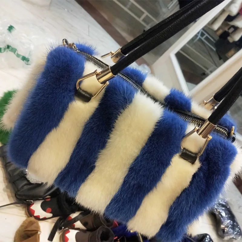 2019 New Fashion Real Mink Fur Day Clutch One Shoulder Cross-body Bag Small stripe Pattern Genuine Fur Chain Women s Bags