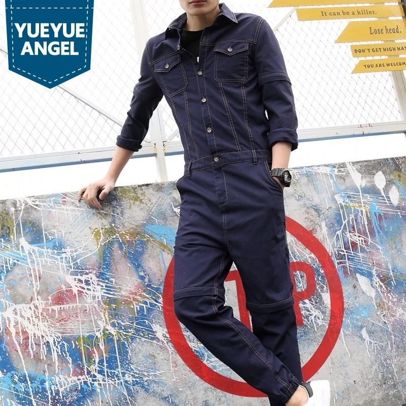 Jumpsuit Autumn Men Casual Trousers Vintage Detachable Denim Overalls One-Piece Cargo Pants Slim Fit Jean Jumpsuit Black/Blue