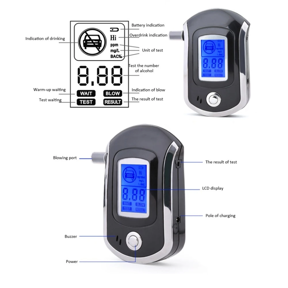 

Portable Digital Alcohol Analyzer Detector Test Tool LCD Backlight Breathalyzer AT6000 M8617