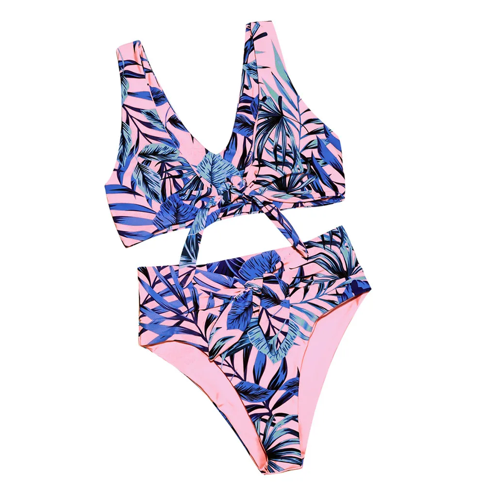 Комплект бикини с принтом листьев пуш-ап 2020 бретельками высокой талией полый