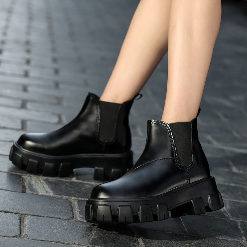 ladies boots chelsea women genuine cow leather platform bootie elastic band winter ladies shoes brand design handmade hot free global shipping