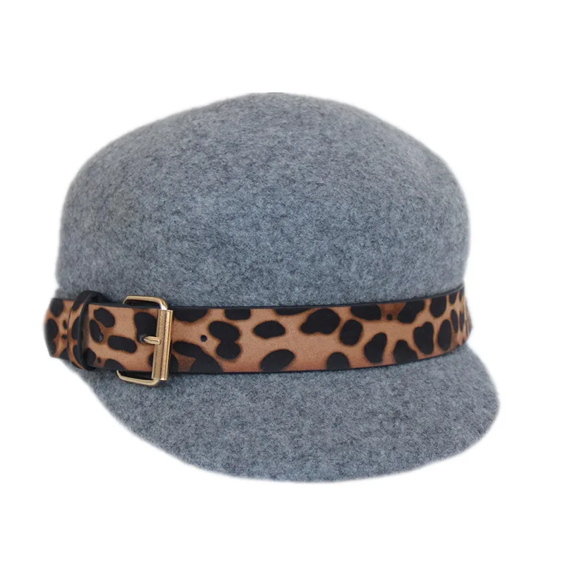 

Leopard Belt Woolen Hat Autumn Winter Top Hat Peaked Cap Women British Retro Equestrian Hat