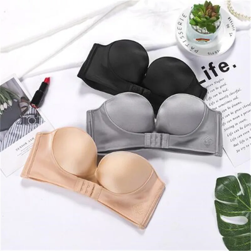 

Women Sexy Strapless Push Up Bra Front Closure Bralette Invisible Bras Underwear Lingerie 1/2 Cup Seamless Brassiere ABC Cup