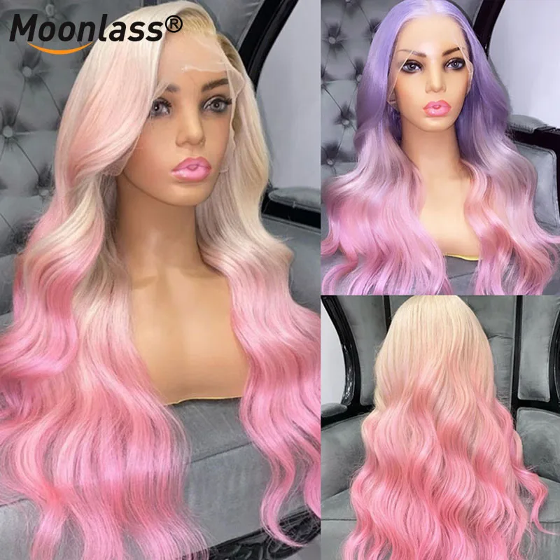 

Body Wave Lace Front Human Hair Wigs Brazilian Hair Ombre Purple Pink Lace Front Wig Pre Plucked HD Transparent Lace Frontal Wig