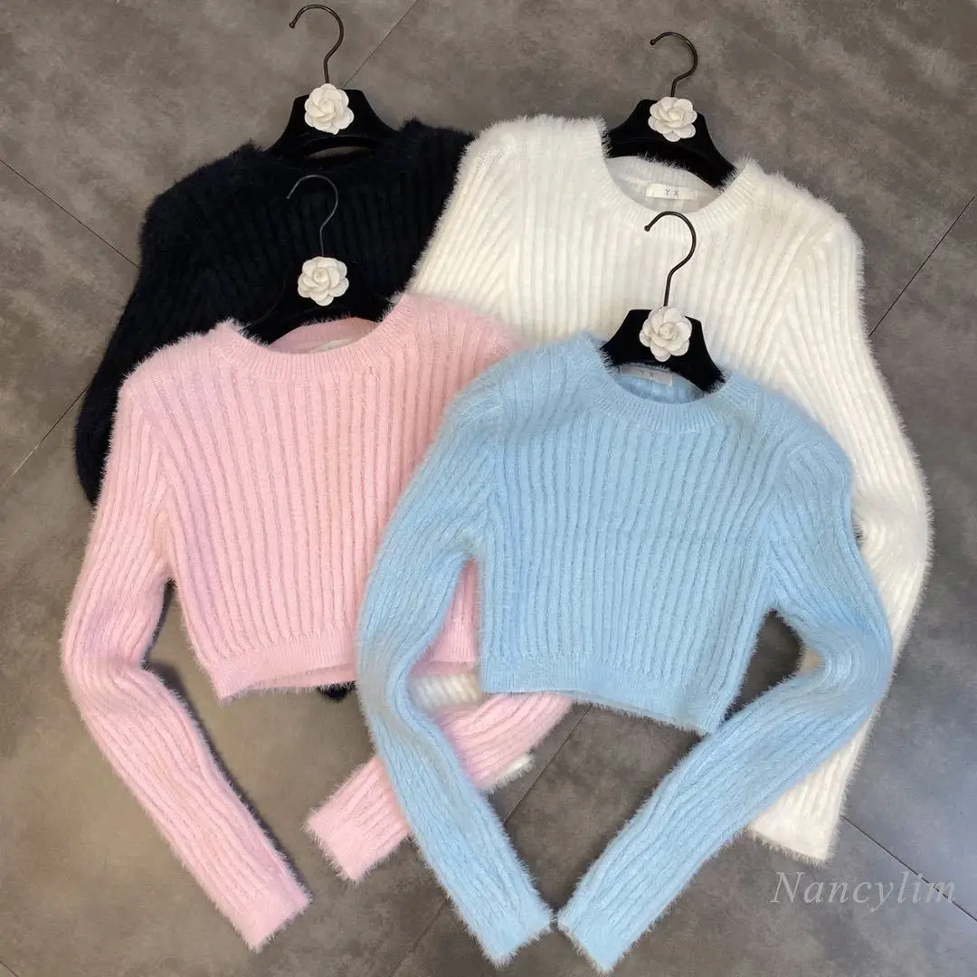 

Женский короткий свитер, Мягкий трикотажный пушистый джемпер с круглым вырезом, длинным рукавом и вертикальными полосками, Осень-зима 2021