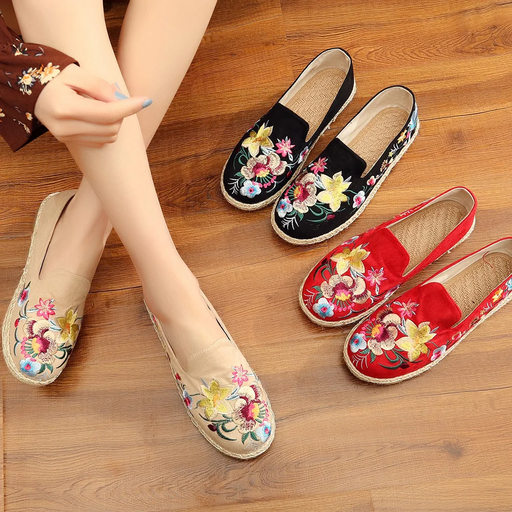 

Эспадрильи женские с цветочной вышивкой, мягкие холщовые туфли ручной работы, дышащие хлопковые Лоферы без застежки, плоская подошва