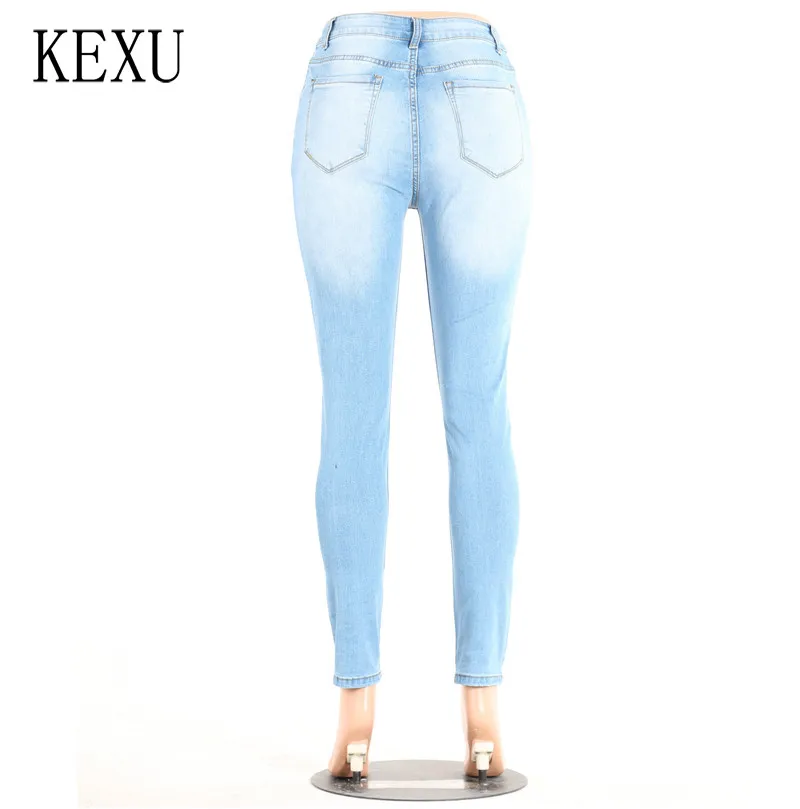 

KEXU Hollow Out Hole Jeans High Waist Blue Skinny Pencil Denim Pants Cut Out Women Trousers