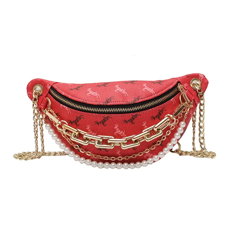 

Women's new fashion animal print chest bag brand luxurydesign pearl crossbody bag female metal thick chain belt bag pillow bag