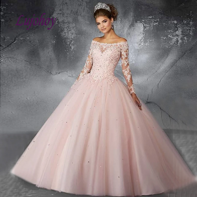 Pink Long Sleeve Quinceanera Dresses Ball Gown Tulle Plus Size 15 year old Sixteen Sweet 16 Dress Prom Dresses debutante