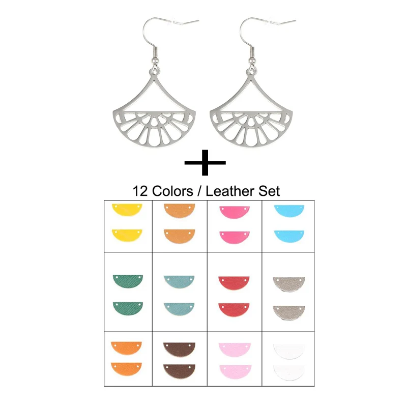 with leather set Cremo Stainless Steel Geometric Fan Pendant Earrings for Women Georgette Drop Hanging Earrings Leather Dangle Earrings Jewelry - Metal Color: with leather set