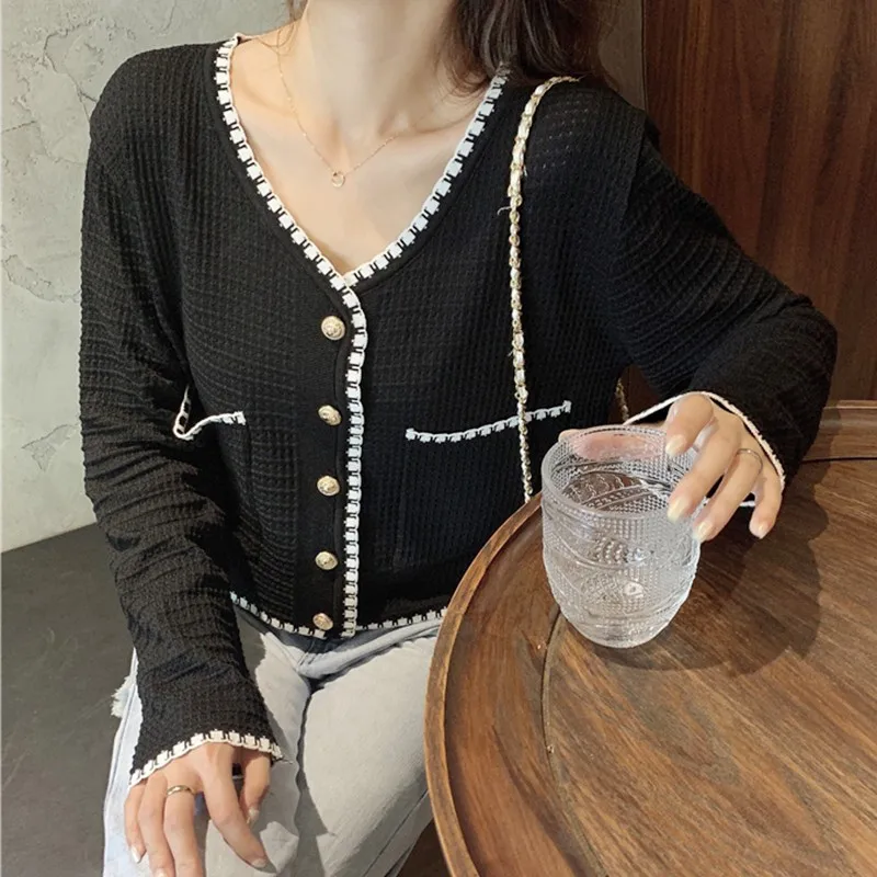 Yedinas Vintage Cardigan Women Sweater Korean Long Sleeve V Neck Patchwork Coat Short Plus Size Feminino New |