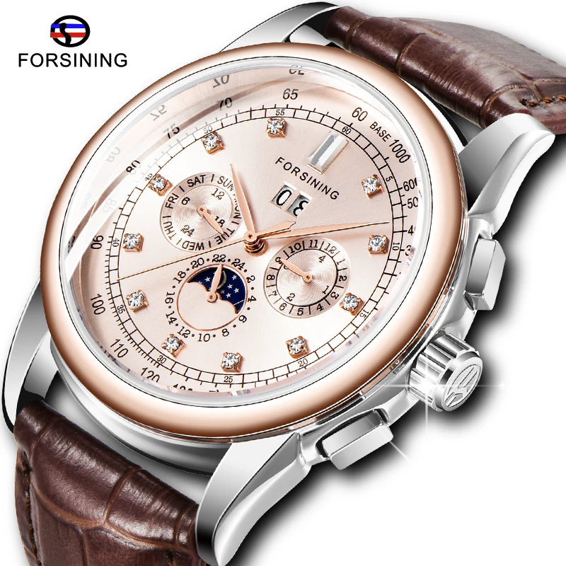 Роскошные мужские автоматические часы FORSINING Rose Golden фаза Луны календарь