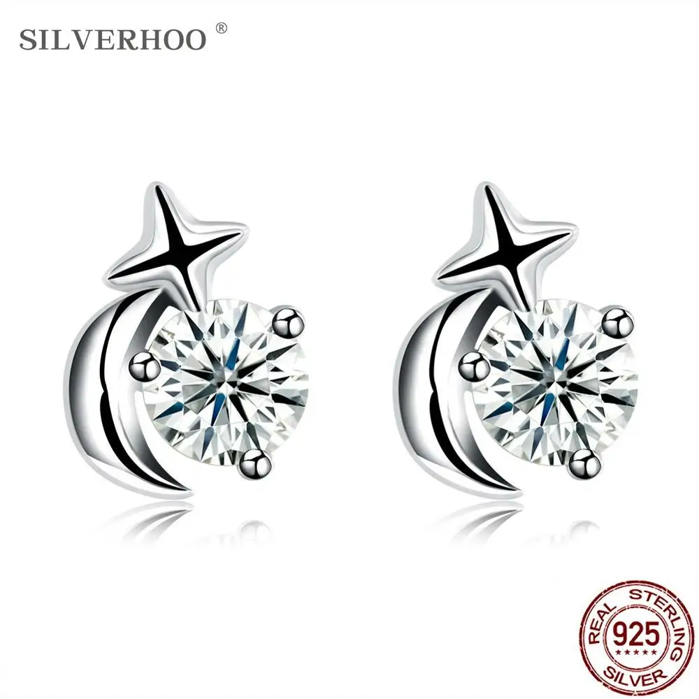 

SILVERHOO Sterling Silver 925 Jewelry Earring For Women Moon And Star Pretty Round Zircon CZ Stud Earrings Unique Design Gift