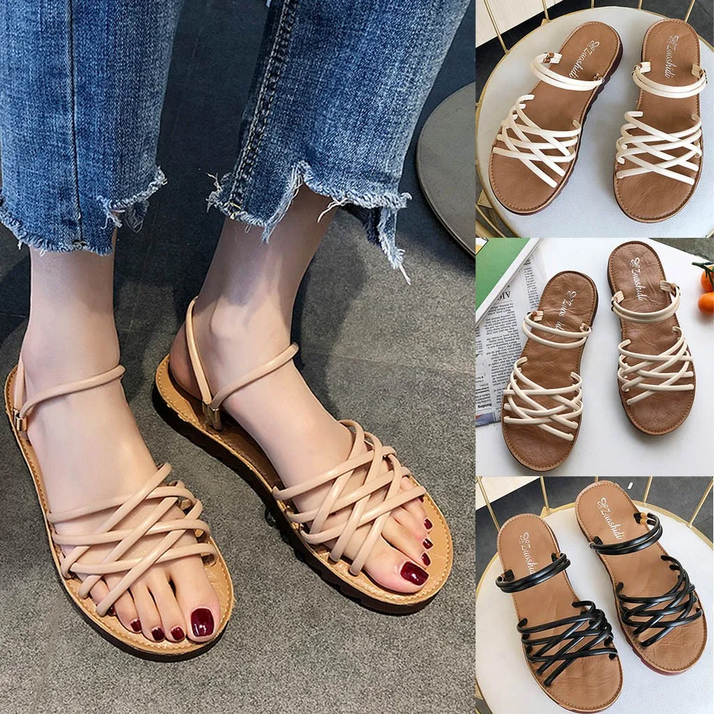 

2020 hot women's summer sandals open toe cross straps beach slippers flat shoes elegant sandals low to help casual shoes