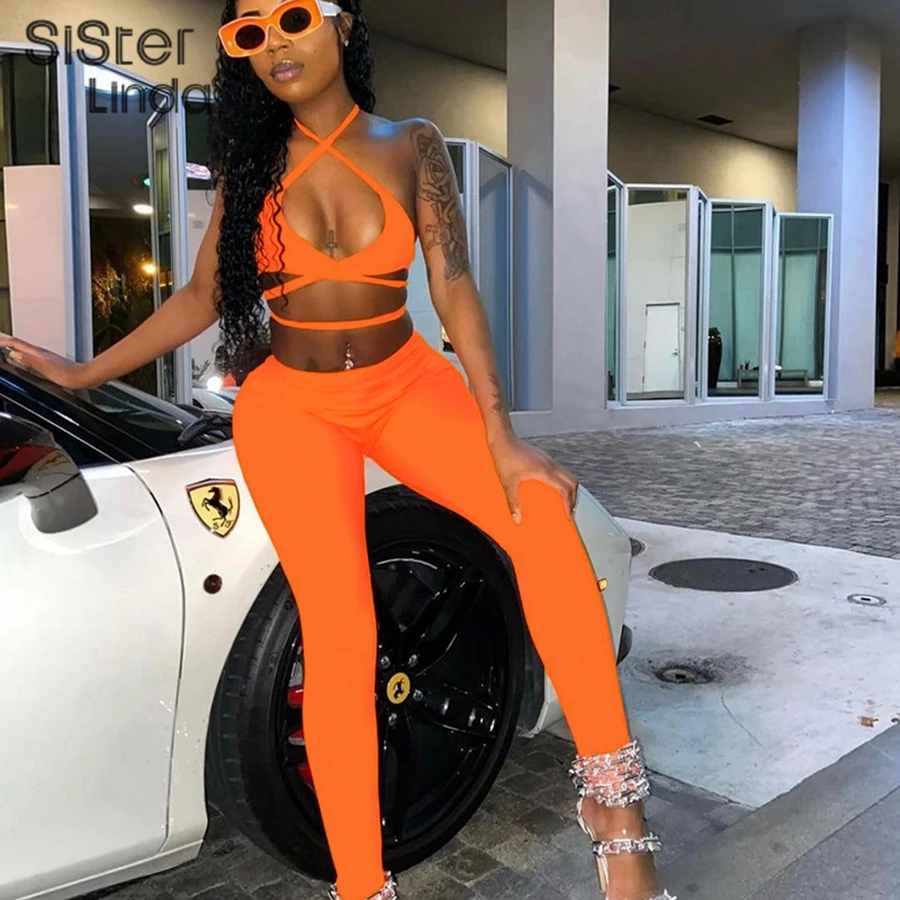 

Sisterlinda Summer Sexy Tracksuit Cross Halter Backless Tank Tops+Sport Leggings Two Piece Sets Stretchy Sporty Matching Outfits