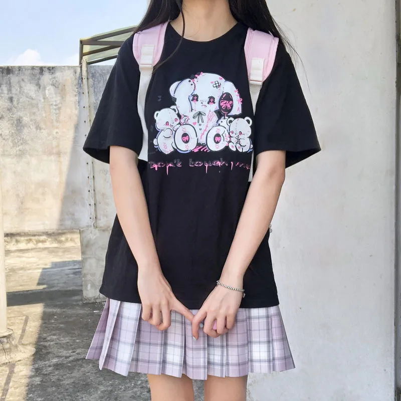 

2021 Cute Design Casual Summer Loose Retro Women's Black T-Shirt Fashionable Harajuku Cartoon Print Short Sleeve Outlet Clothing