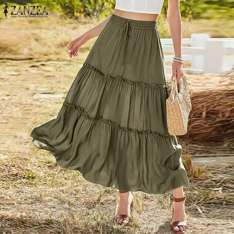 

Summer Elastic Waist Solid Party Holiday Skirt ZANZEA Elegant Women Ruffles Long Skirts Vintage A-line Work Jupe Faldas Saia 7