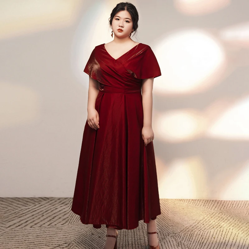 

Burgundy V-Neck Short Sleeves Simple Evening Dress Tea-Length A-Line Lace Up Fashion Ruched Plus Size Women Formal Gowns D459
