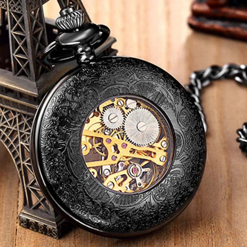 Roman Numerals Dial Mechanical Pocket Watch Skeleton Black Fob Chain Steampunk Case Engraved Case Clock for Men Dropshipping