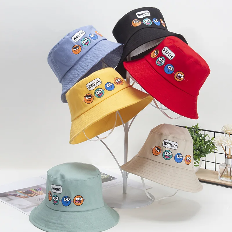 New Cartoon Cute Boy Girl Cotton Bucket Hats Spring Summer Children Kids Outdoor Expression Print Panama Fisherman Cap Hat