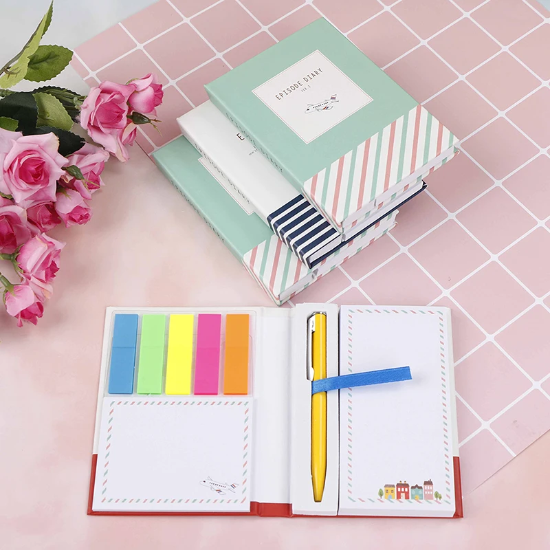 

Colorful Mini Notebook With Pen Hardcover Sticky Combination Trivial Book Diary Notepad Office School Memo Pad Random