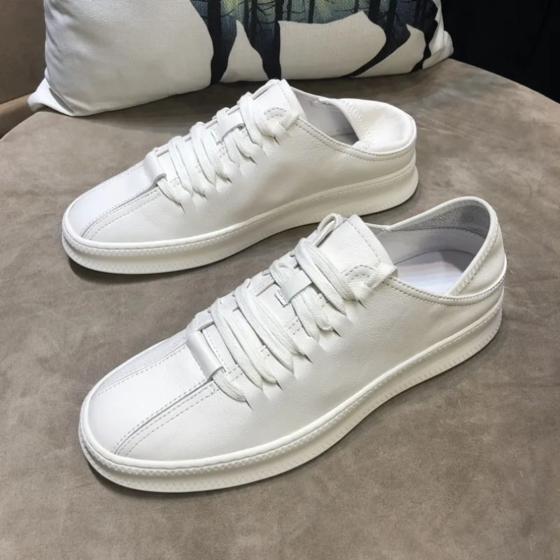

New Summer Footwear Designer White Sneakers Mens Thick Bottom Low Help Genuine Leather Shoes Men Lace Up Casual Slip-On Shoes