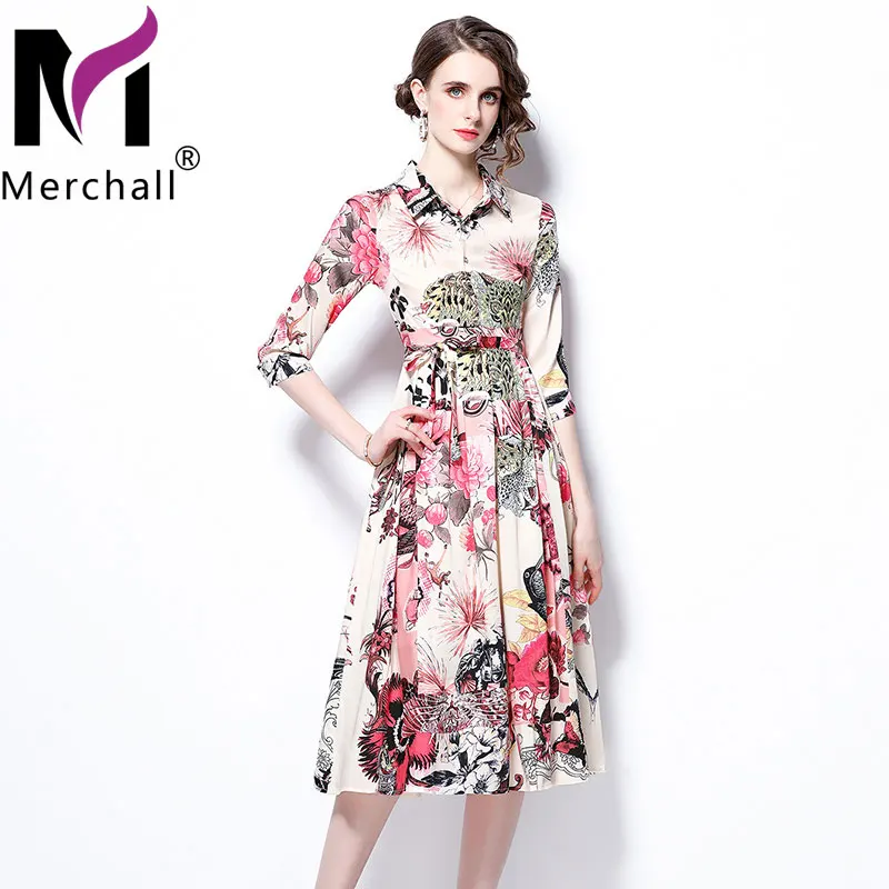

Merhcall 2021 Runway Designer Flower Print Dress Woman's Elegant Bow Shirt Collar Half Sleeve A Line Summer Midi Dresses M66422