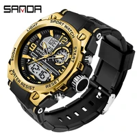 sanda 50m waterproof men electronic watch luxury gold case automatic calendar led digital wristwatches luminous clock mens 6024