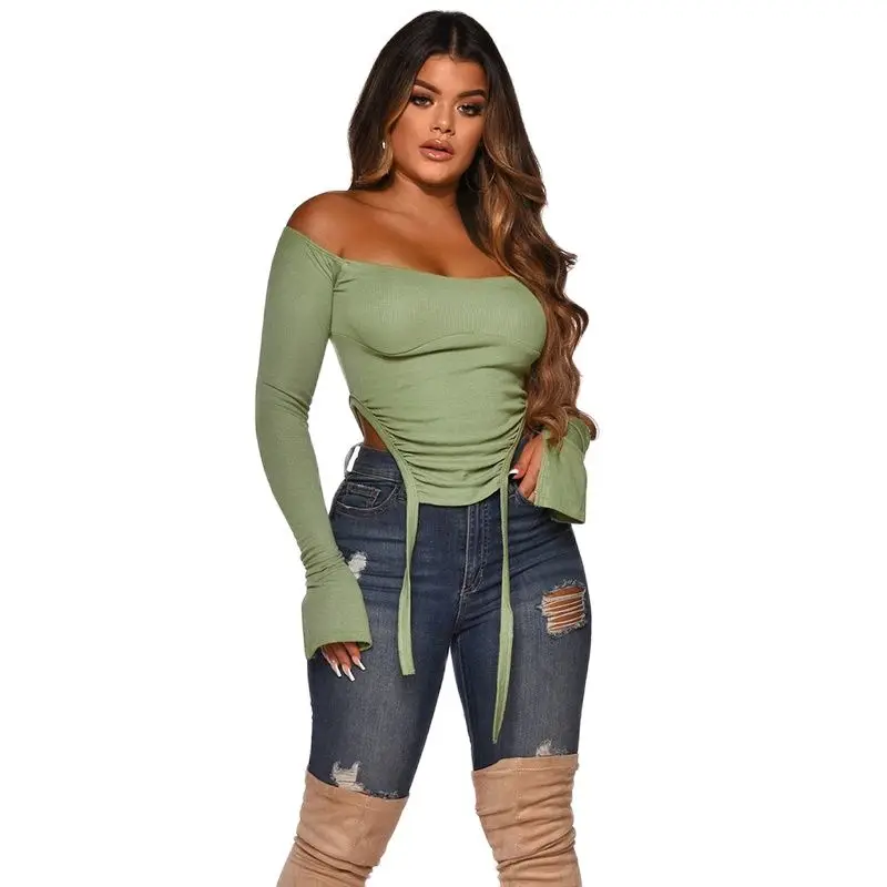 2021 Мода весна осень женский топ футболка с длинным рукавом сексуальные трендовые