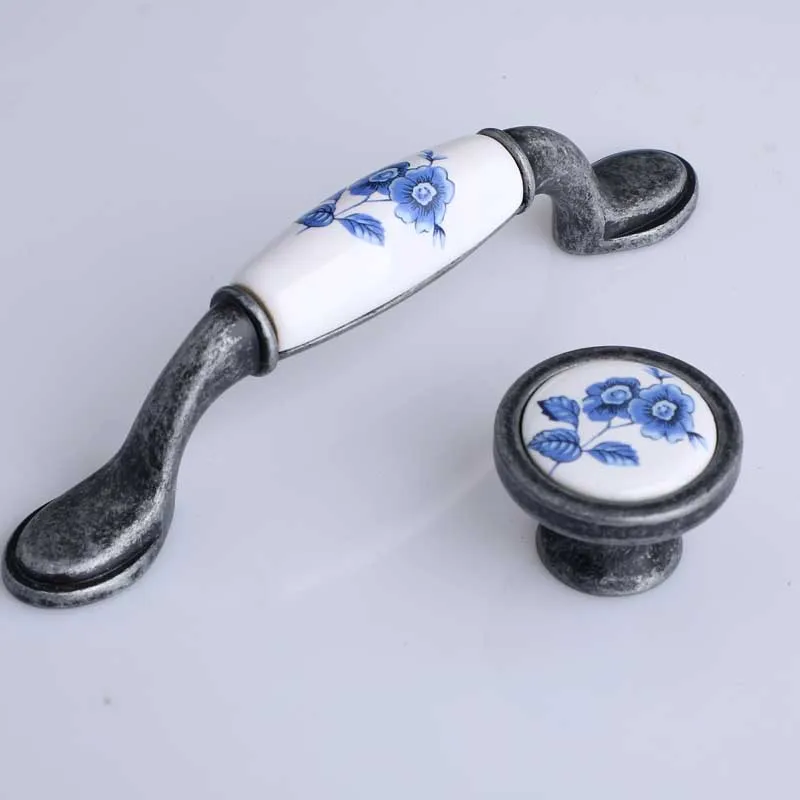 96 мм антикварная железная ручка для комода белый и синий фарфоровый ящик