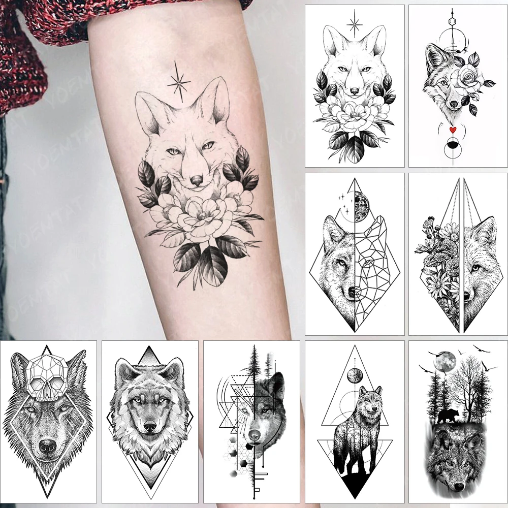 

Waterproof Temporary Tattoo Sticker Cross Fox Stars Rays Flowers Realistic Wolf Flash Tatoo Fake Tatto For Body Art Women Men