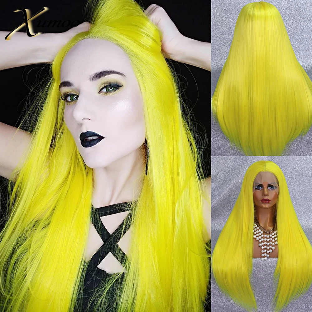 

XUMOO Long Bone Straight Yellow Synthetic Lace Front Wig Glueless Bright Yellow Drag Queen/Party/Cosplay Wigs For Black Women