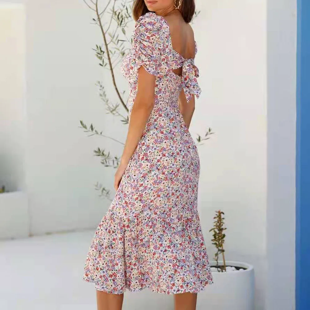 

Western Style Fashion Printing Women's Summer Dress 2021 Temperament Casual Sexy Backless Square Collar Puff Sleeve