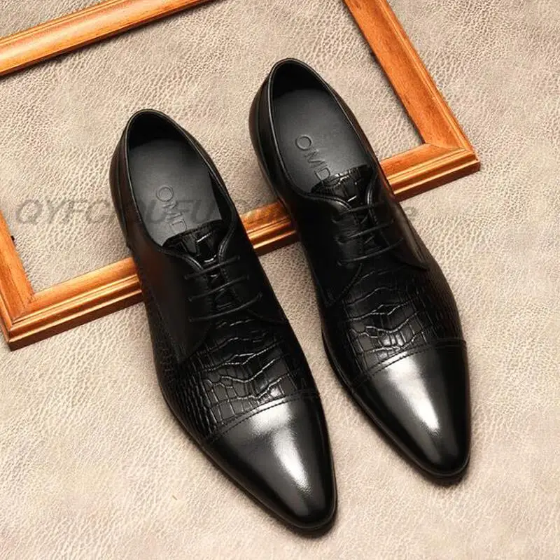 Mens Formal Shoes Genuine Leather Oxford Shoes For Men Dressing Wedding Brogues Office Black Lace Up Men's Cap Toe Dress Shoes