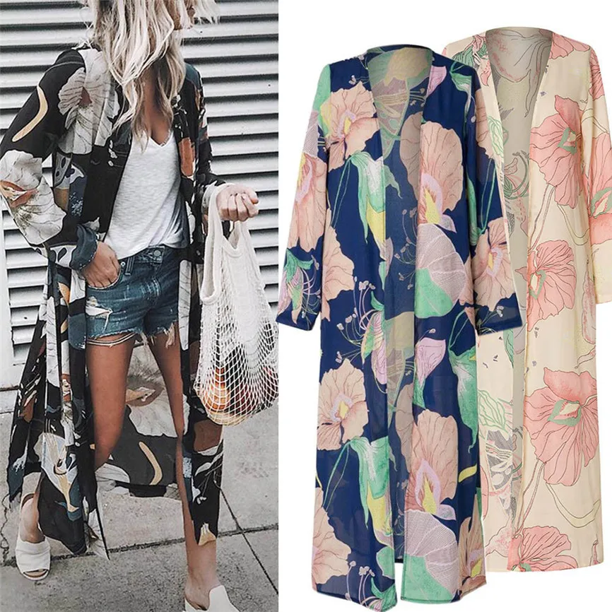 Свободное кимоно пальто женское с длинным рукавом принтом шаль пляжная