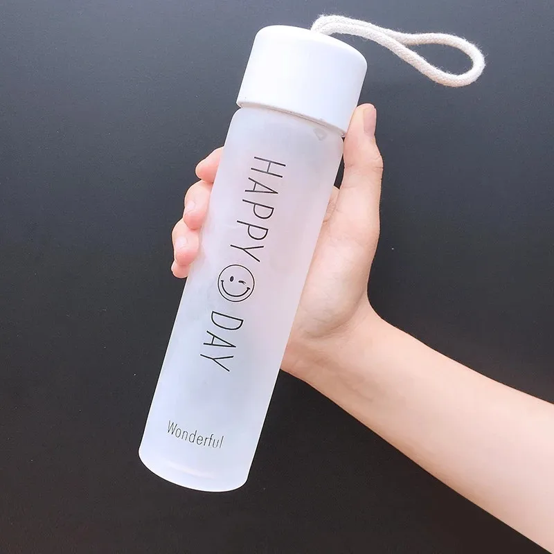 400ml White Портативная матовая стеклянная бутылка для воды, бутылка для напитков, контейнер для воды, бутылка для воды со смайликом, чашка, крышка, входит в комплект - Цвет: 400ml White