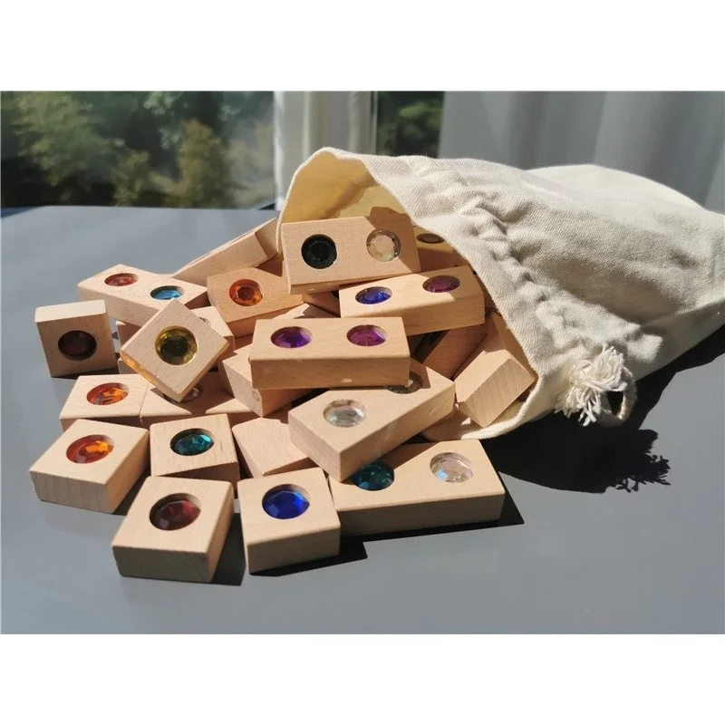 Bloques de construcci&oacute;n de piedras brillantes de acr&iacute;lico para ni&ntilde;os, juguete Montessori de madera, piedras preciosas de madera, bloques de construcci&oacute;n de diamantes de cristal de arco&iacute;ris-3