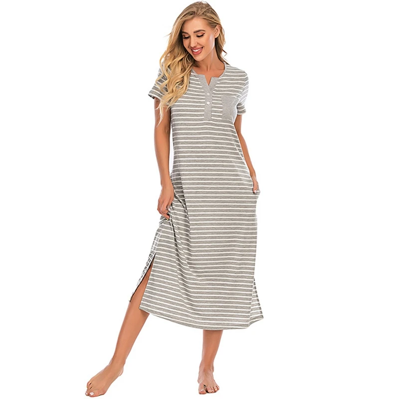 

Striped Nightgown Sleepwear Lady Summer Short Sleeve Nightdress Loose Comfortable Long Robe Nightwear Female Pijamas