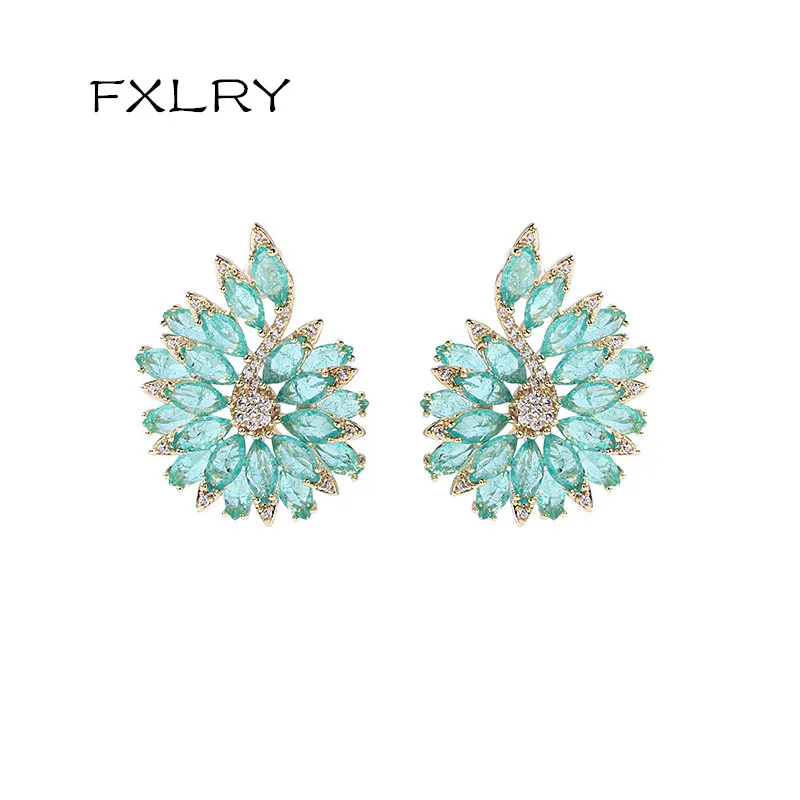 

FXLRY High Quality Fashion Summer Blue Cubic Zirconia Flower Stud Earring for Women Party Brand Jewelry