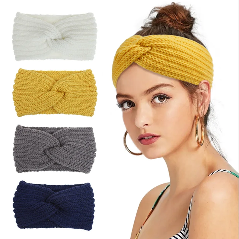 

2020 Autumn Winter Warmer Ear Knitted Headband Turban Crochet Plus Wool Hairband Headwrap Wide Stretch Girls Head Band Headdress