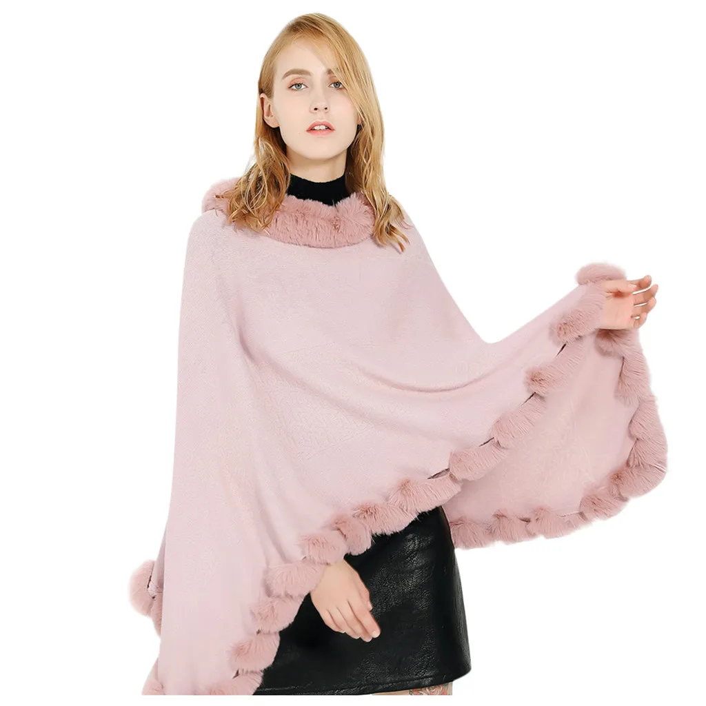 Зимний женский плащ Осенние однотонные накидки шаль кашемир меховой воротник