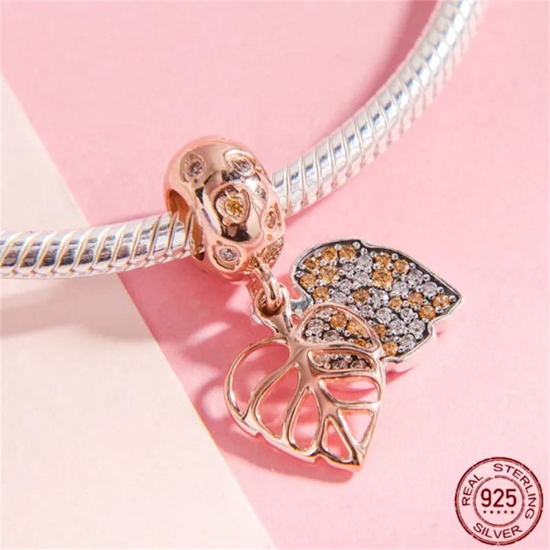 

925 Sterling Silver Dazzling CZ Bead Rose gold Leaves Charms Pendants fit Pandora Bracelets Women DIY Jewelry S925 SMC257