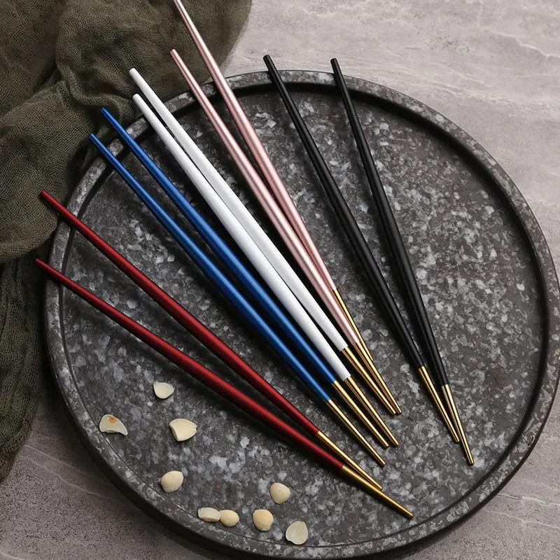 

5 Pair Luxury 304 Stainless Steel Round Sushi Korean Chopsticks Titanium Gold Rose Hashi Colorful Chinese Japanese Chopsticks