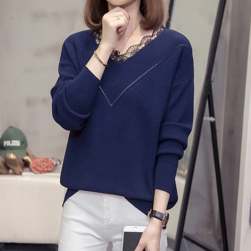 

v-neck knitted pullovers Sweaters Women autumn winter fashion lace trim loose korean Female jumpers oversize knitwear