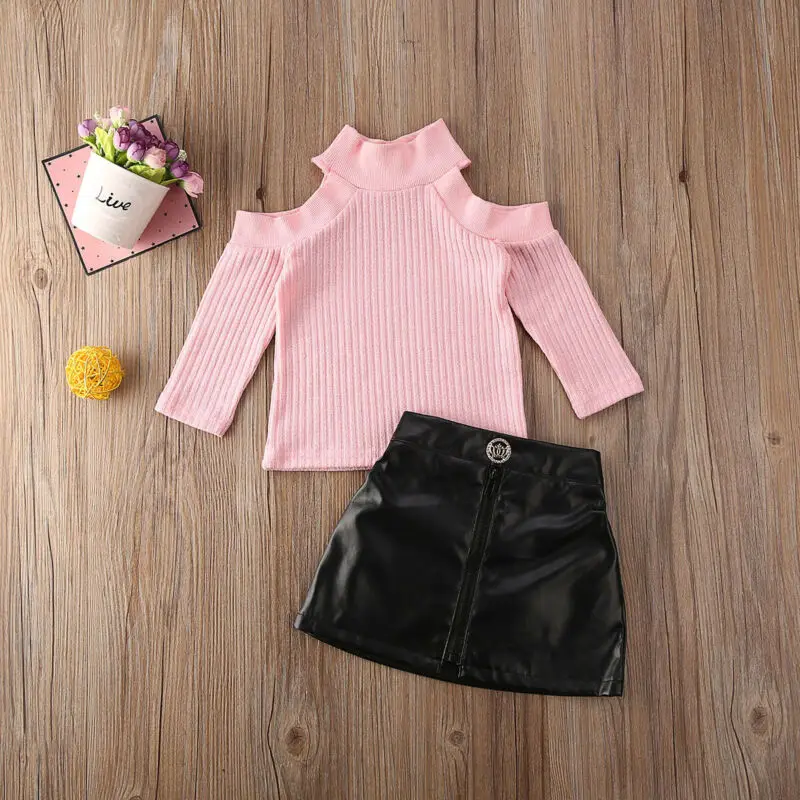 

Winter Warm Newborn Baby Girls Kid Off Shoulder Pullover Sweater Top PU Skirt Children Clothing