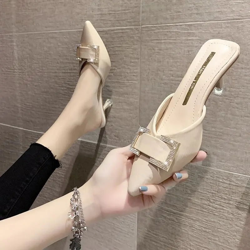 

Square Buckle Rhinestone Pointed Half Slippers Woman Korean Temperament High Heels Slippers External Wear Women Sandals